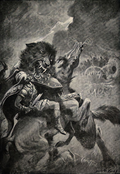The wolf Fenrir attacking Odin