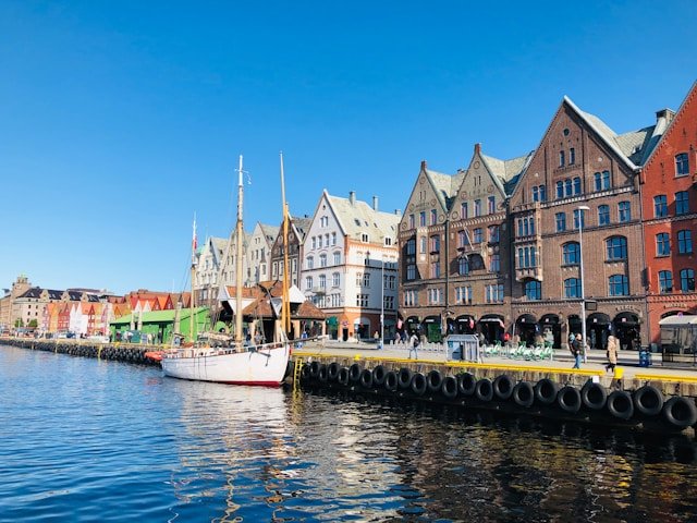 Bryggen in Bergen on a sunny day