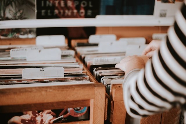 selection of vinyl records in a record store